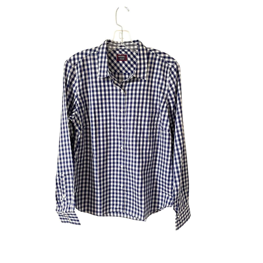 UNTUCKit Gingham Plaid Long Sleeve Button Down Shirt Navy Blue White Size 2